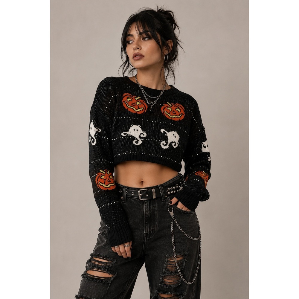SHEIN Halloween Ghost Pumpkin Sweater Y2K Goth Streetwear Black Acrylic Large